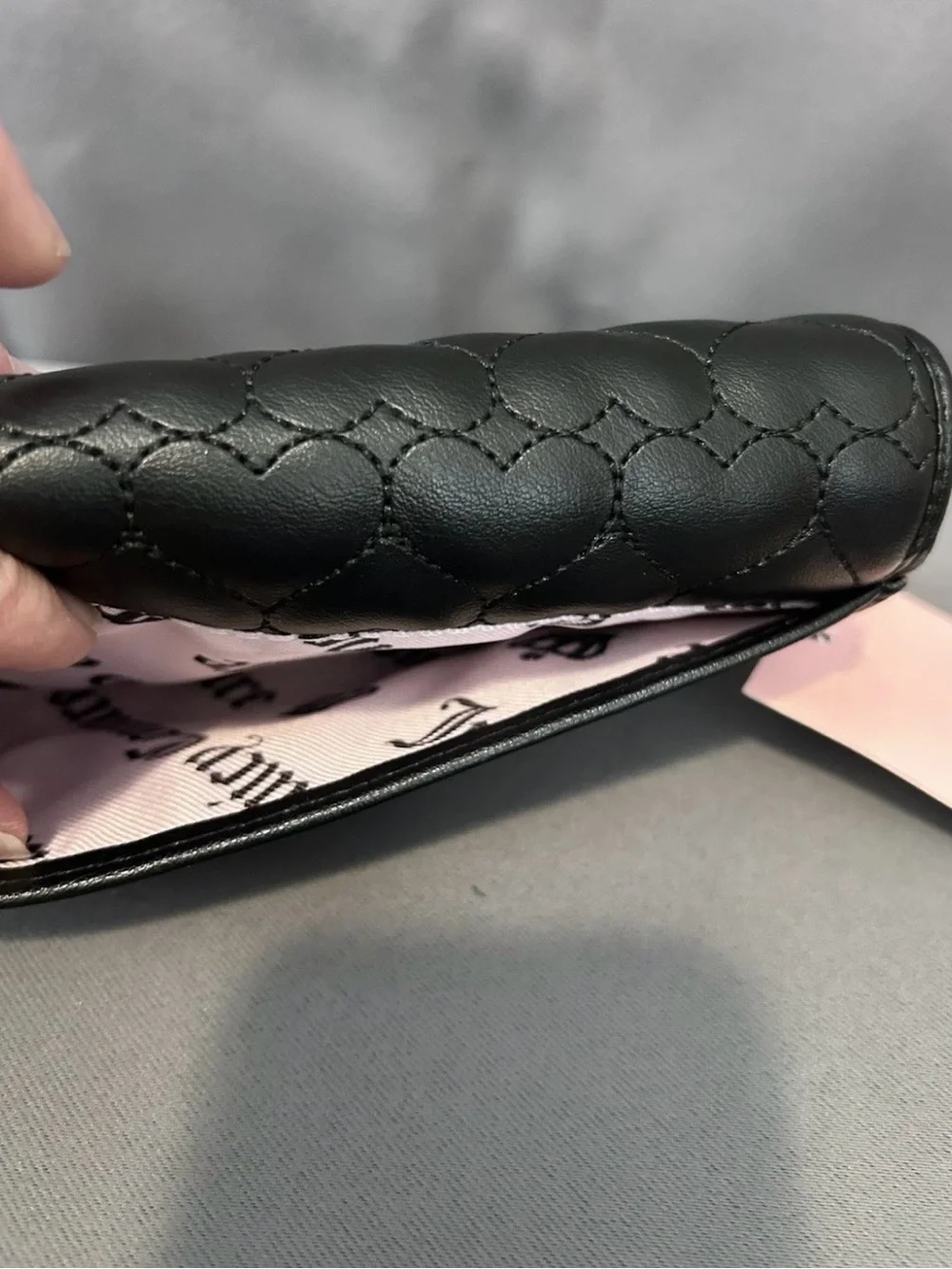 Juicy Couture Clutch Wallet Black Quilted Heart-Pattern Silver Heart Hardware